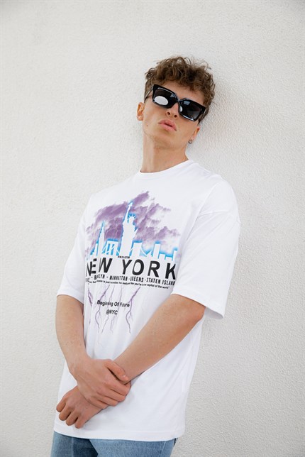 Erkek New York Baskılı Oversize T-Shirt Beyaz
