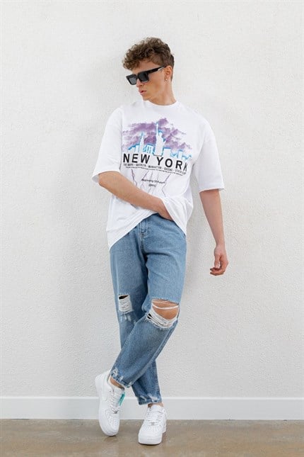 Erkek New York Baskılı Oversize T-Shirt Beyaz