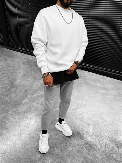 Erkek Old School Basic Oversize Sweatshirt Ekru