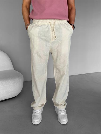 Erkek Örme Desenli Baggy Fit  Rahat Pantolon Bej