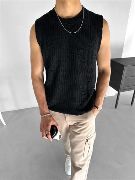 Erkek Örme Desenli T-Shirt Siyah