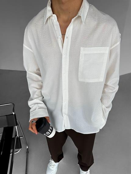 Erkek Oversize %100 Pamuk, Dokulu Çizgili Gömlek Beyaz