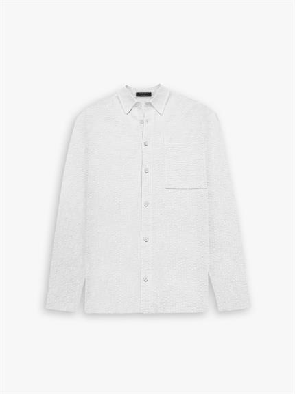 Erkek Oversize %100 Pamuk, Dokulu Çizgili Gömlek Beyaz