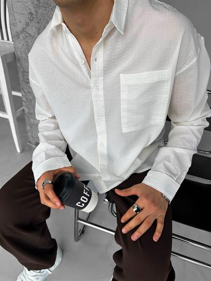 Erkek Oversize %100 Pamuk, Dokulu Çizgili Gömlek Beyaz