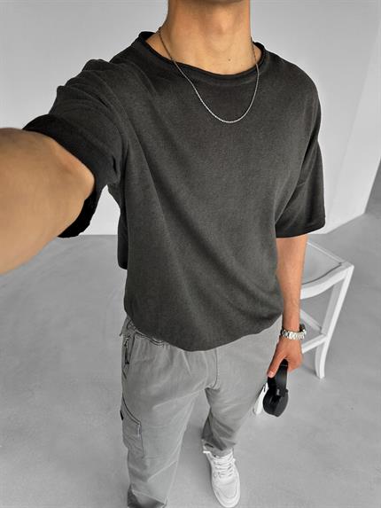 Erkek Oversize Yıkamalı Örme T-Shirt Siyah
