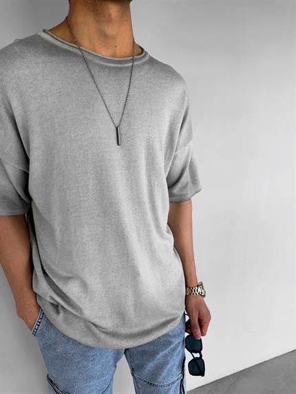 Erkek Oversize Yıkamalı Örme T-Shirt Gri