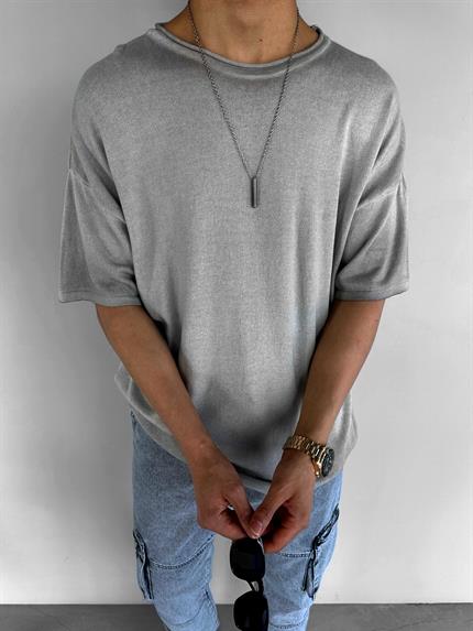 Erkek Oversize Yıkamalı Örme T-Shirt Gri
