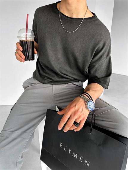 Erkek Oversize Yıkamalı Örme T-Shirt Siyah