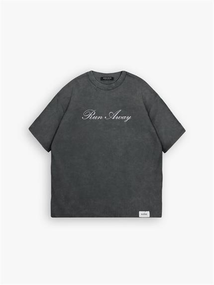 Erkek Oversize %100 Pamuk Yıkamalı Run Away Baskılı T-Shirt Koyu Gri