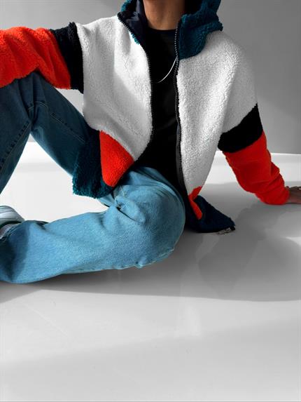 Erkek Oversize 3 Renkli Peluş Mont Petrol Yeşili