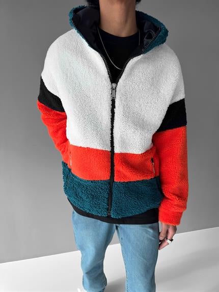 Erkek Oversize 3 Renkli Peluş Mont Petrol Yeşili