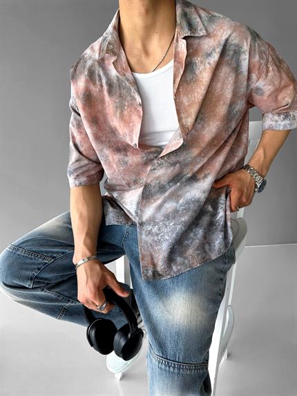 Erkek Oversize Apaş Yaka Desenli Gömlek Gri