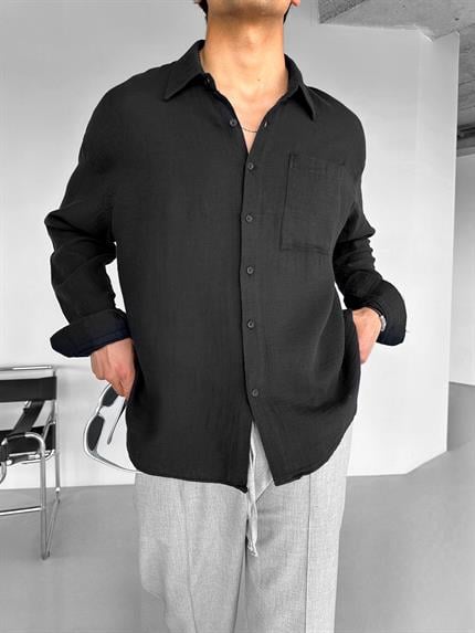 Erkek Oversize Basic %100 Pamuk Keten Gömlek Siyah