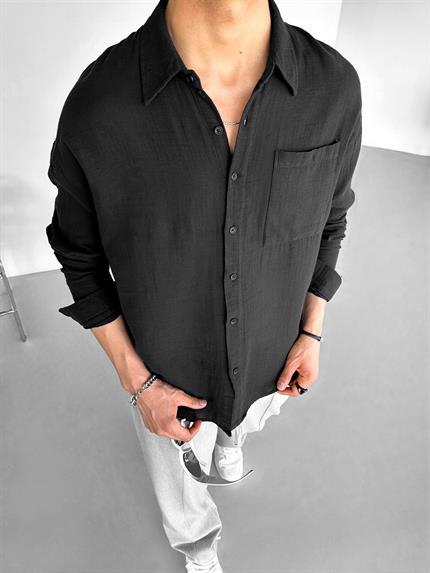 Erkek Oversize Basic %100 Pamuk Keten Gömlek Siyah
