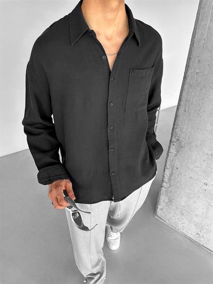 Erkek Oversize Basic %100 Pamuk Keten Gömlek Siyah