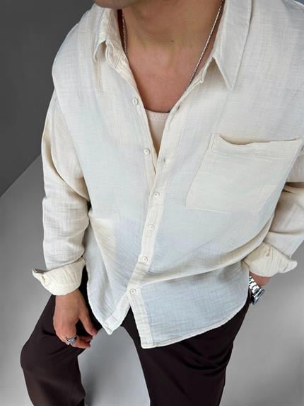 Erkek Oversize Basic %100 Pamuk Keten Gömlek Bej