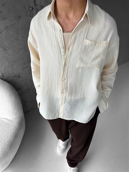 Erkek Oversize Basic %100 Pamuk Keten Gömlek Bej