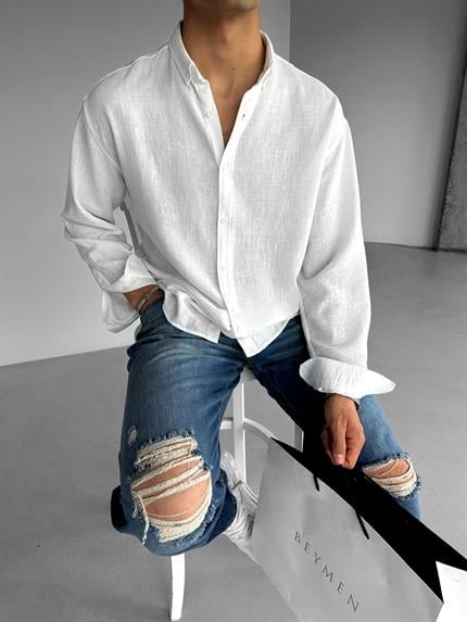Erkek Oversize Basic Rahat Gömlek Beyaz
