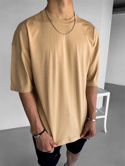 Erkek Oversize Basic T-Shirt Açık Kahve