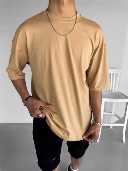 Erkek Oversize Basic T-Shirt Açık Kahve