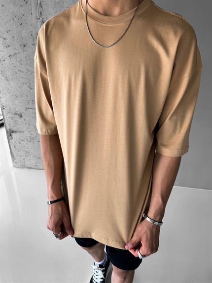 Erkek Oversize Basic T-Shirt Açık Kahve