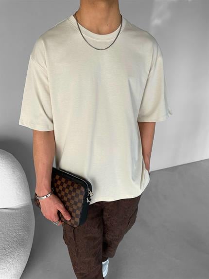 Erkek Oversize Basic T-Shirt Bej