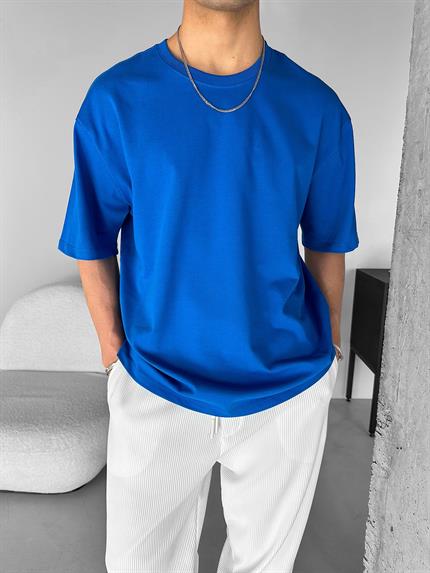Erkek Oversize Basic T-Shirt Mavi