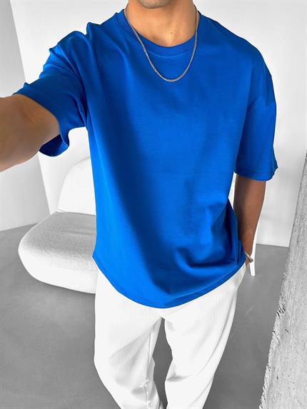 Erkek Oversize Basic T-Shirt Mavi
