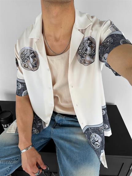 Erkek Oversize Baskılı Gömlek Bej