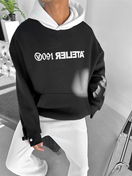 Erkek Oversize Baskılı Kapüşonlu Sweatshirt Siyah