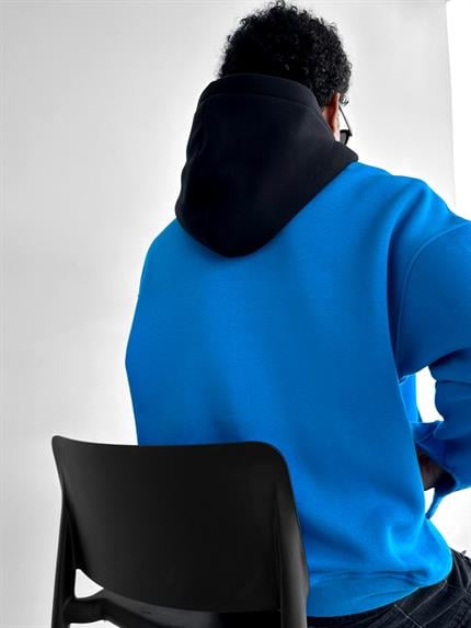 Erkek Oversize Baskılı Kapüşonlu Sweatshirt Mavi