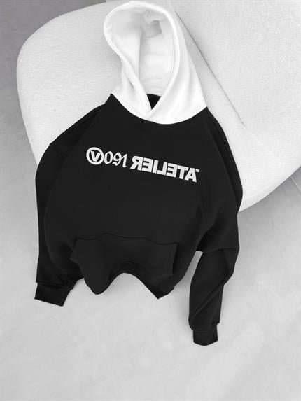 Erkek Oversize Baskılı Kapüşonlu Sweatshirt Siyah