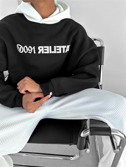 Erkek Oversize Baskılı Kapüşonlu Sweatshirt Siyah