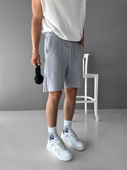 Erkek Oversize Beli Lastikli Şort Gri