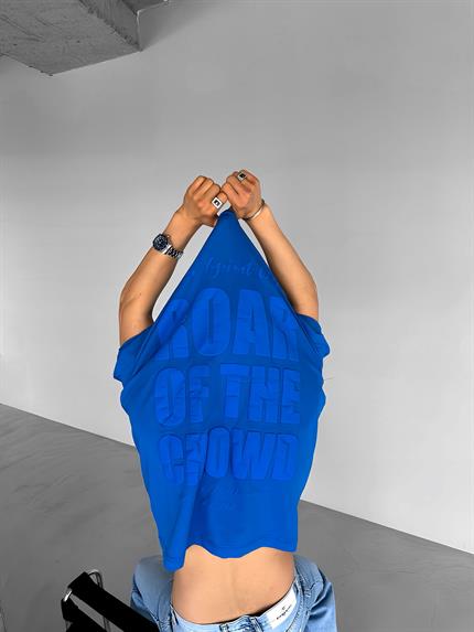 Erkek Oversize Bisiklet Yaka Crowd Baskılı T-Shirt İndigo