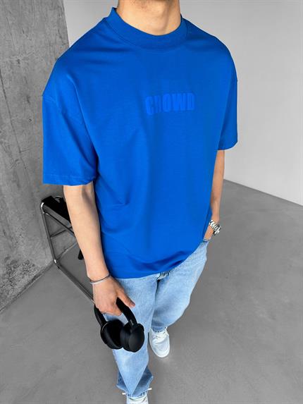 Erkek Oversize Bisiklet Yaka Crowd Baskılı T-Shirt İndigo
