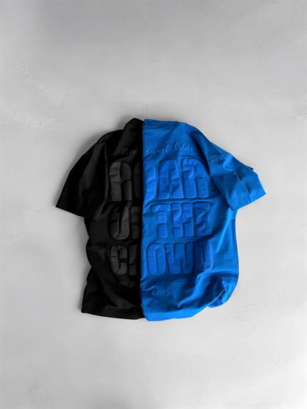 Erkek Oversize Bisiklet Yaka Crowd Baskılı T-Shirt İndigo