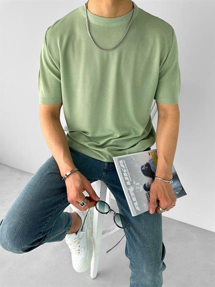 Erkek Regular Fit Bisiklet Yaka Esnek Triko T-Shirt Açık Yeşil