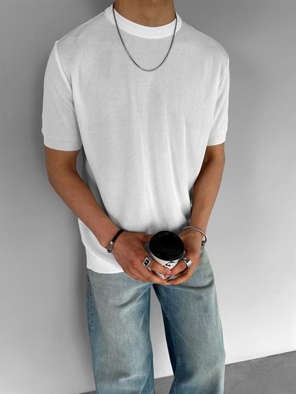 Erkek Regular Fit Bisiklet Yaka Esnek Triko T-Shirt Ekru