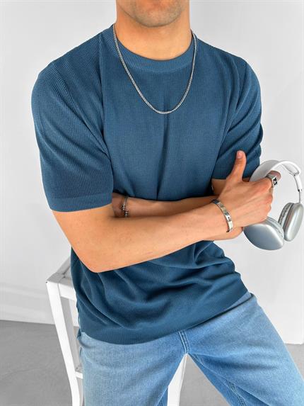 Erkek Regular Fit Bisiklet Yaka Esnek Triko T-Shirt İndigo