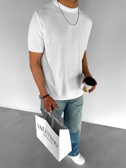 Erkek Regular Fit Bisiklet Yaka Esnek Triko T-Shirt Ekru