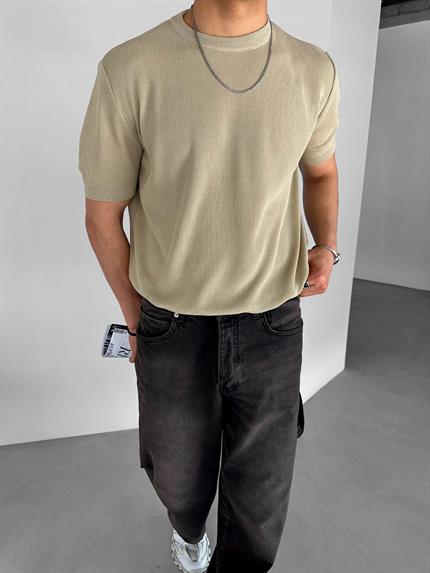 Erkek Regular Fit Bisiklet Yaka Esnek Triko T-Shirt Bej