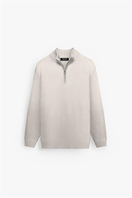 Erkek Yarım Fermuarlı Polo Yaka Kazak Bej