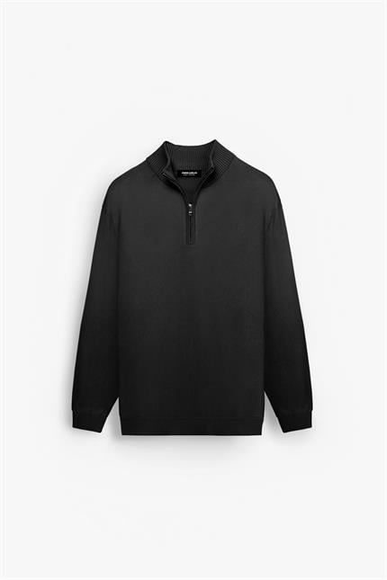 Erkek Yarım Fermuarlı Polo Yaka Kazak Siyah
