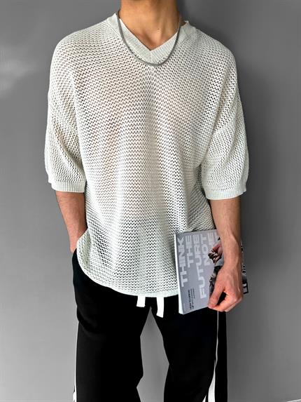 Erkek Oversize V Yaka File T-Shirt Bej