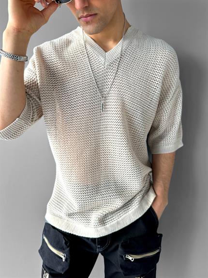 Erkek Oversize V Yaka File T-Shirt Bej