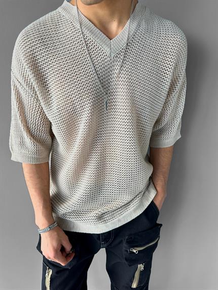 Erkek Oversize V Yaka File T-Shirt Gri