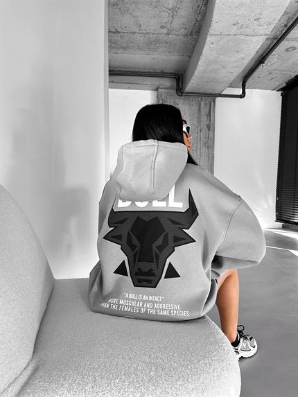 Erkek Oversize Bull Baskılı Hoodie Gri