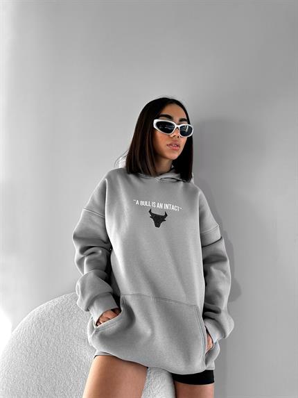 Erkek Oversize Bull Baskılı Hoodie Gri