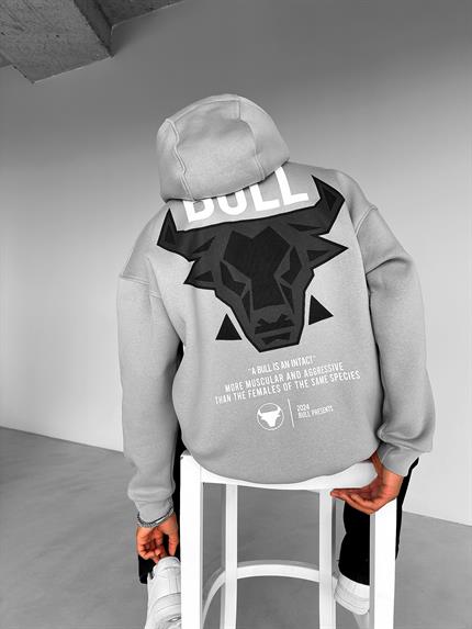 Erkek Oversize Bull Baskılı Hoodie Gri